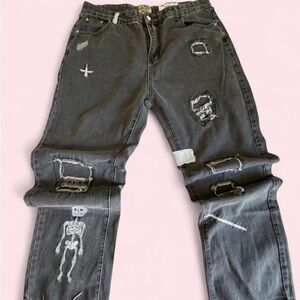 Gallery Dept Black Distressed Jeans with White Skeleton Graphic